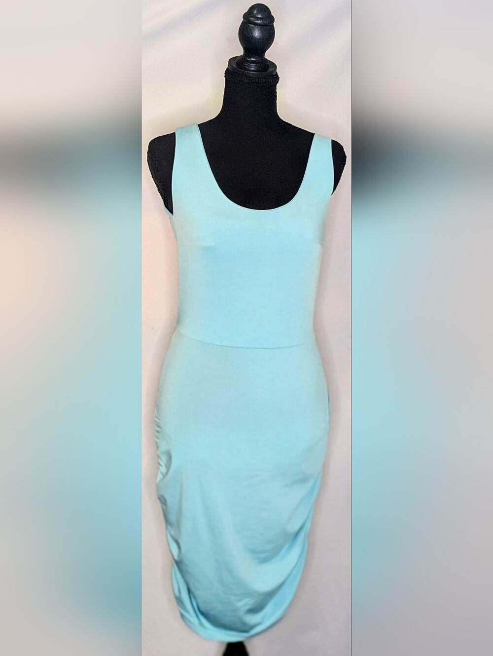 Baby Blue Backless Ruched Bodycon Midi Dress Scoop Neck Size Small